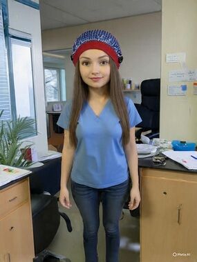 Blue and Red Women's Scrub Cape with buttons for Mask